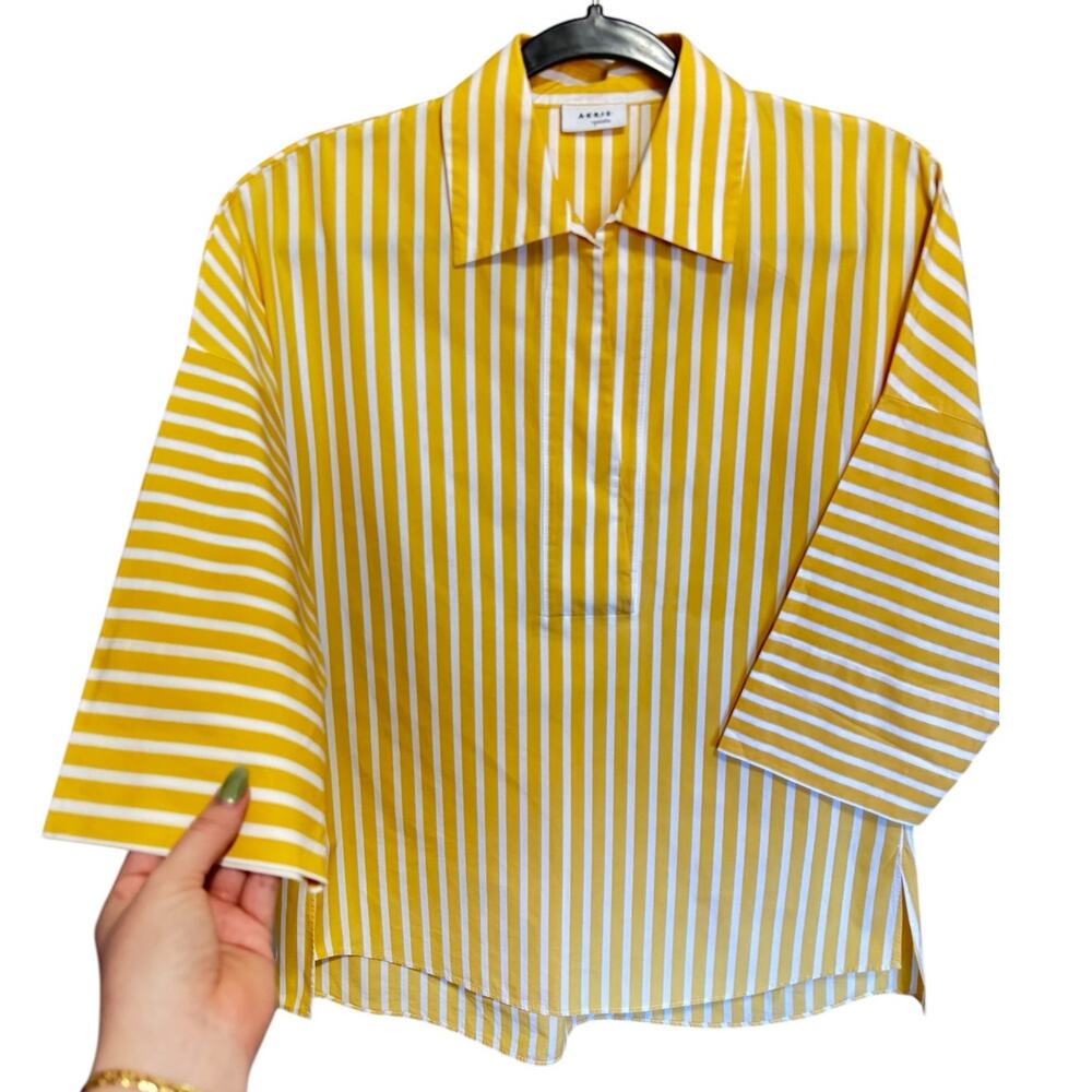 Akris Punto Kodak Stripe Poplin Blouse Kimono Sleeve Yellow White Size 2 - Picture 2 of 9